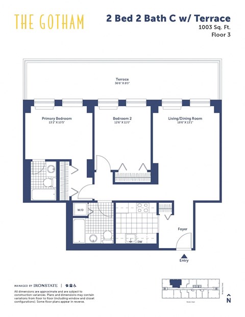 Floor plan for 2 beds, 2 baths, 1003 sqft